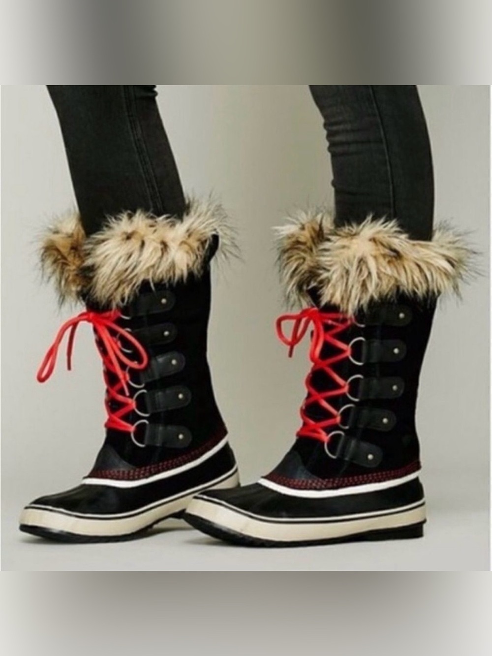 Sorel Joan Of Arctic Winter Waterproof Lace Up Black Suede Faux Fur Trim Boots